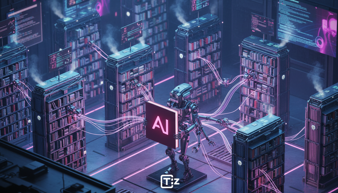 Prepare seu Código iOS para a Era dos Agentes de IA — Visão isométrica de uma biblioteca gigante, onde cada estante representa um módulo de código iOS. Pequenos agentes de IA (estilo robôs bibliotecár