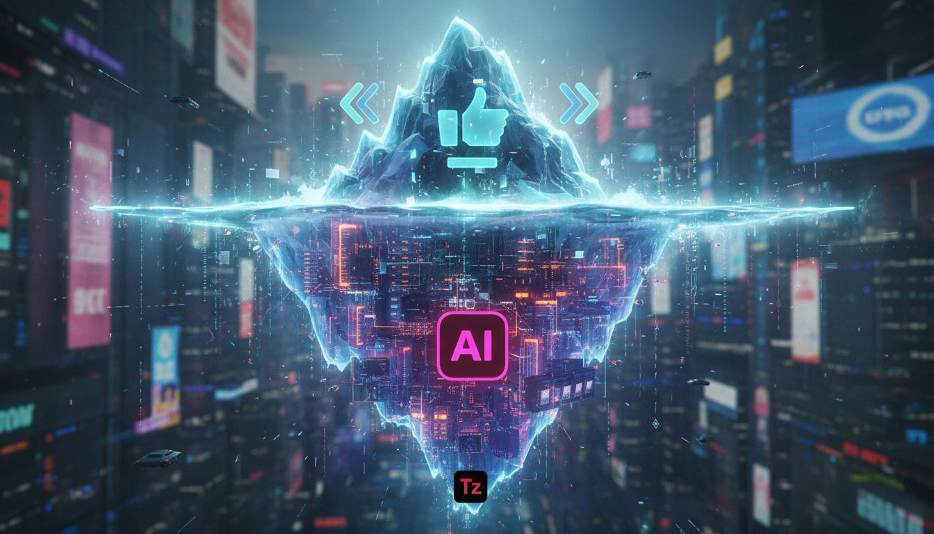 Preveja a Reação do Hacker News com IA: Uma Ferramenta Inovadora — Ilustração de um iceberg digital, onde a ponta visível representa o sucesso aparente de uma postagem no Hacker News, enquanto a vasta