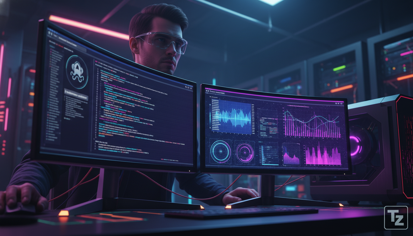 Preveja a Reação do Hacker News com Inteligência Artificial — Um desenvolvedor de software, usando óculos e com uma expressão concentrada, analisa linhas de código em um monitor onde se pode ver a log