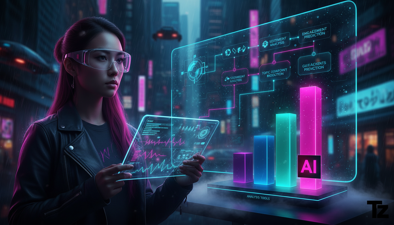 Preveja o Hype: Como a IA Antecipa a Reação do Público ao Seu Conteúdo — Um diagrama infográfico dividido em duas partes (superior e inferior para carrossel). Parte superior: Fluxograma mostrando o pr