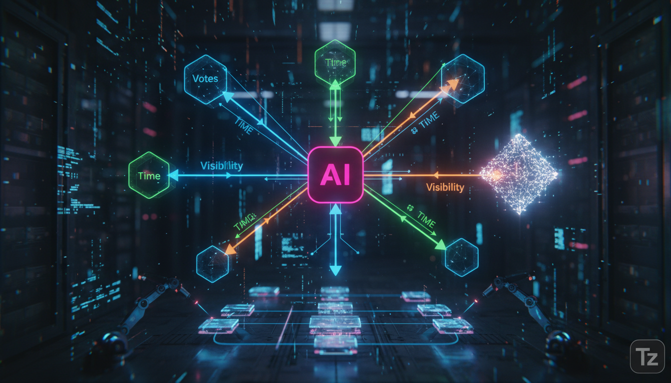 Preveja Reações no Hacker News e Otimize sua Estratégia de Conteúdo — Um diagrama de fluxo complexo que representa o algoritmo do Hacker News. Setas coloridas conectam diferentes nós, mostrando como o