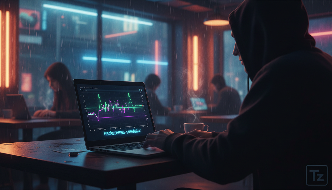 Prevendo a Reação do Hacker News com Inteligência Artificial — Um desenvolvedor usando um laptop em um café movimentado. Na tela do laptop, um gráfico que mostra a previsão de engajamento de um post n