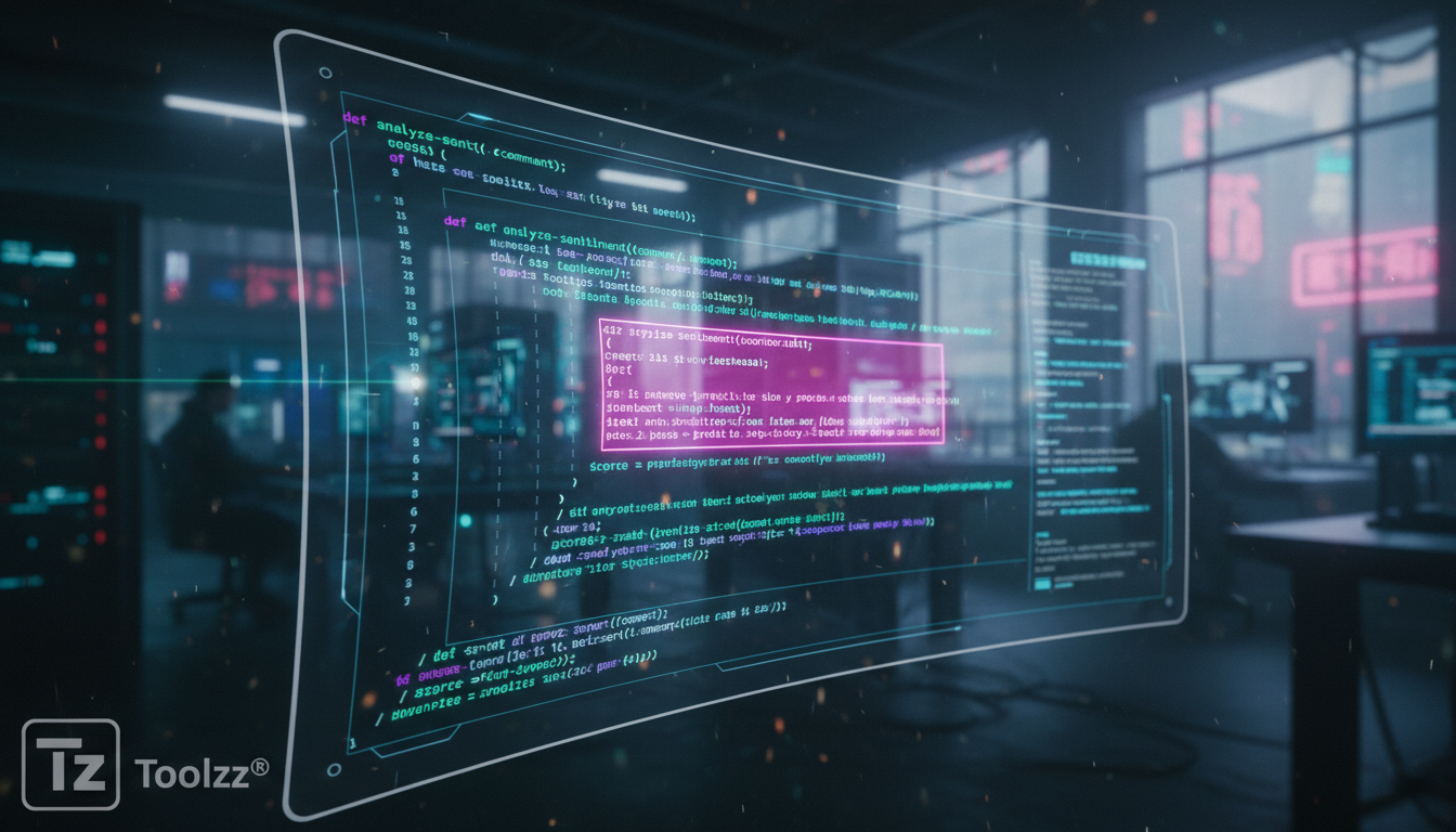 Previsão de Reação no Hacker News com IA: Maximize o Impacto do Seu Conteúdo — Close-up de um monitor exibindo o código-fonte do hackernews-simulator. Destacar a parte do código responsável pela análi