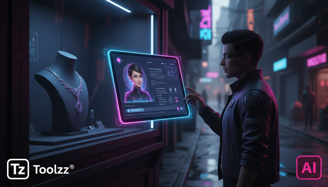 Priorização de features em Agentes IA para Instagram — Uma vitrine de loja de joias moderna e minimalista, com destaque para um colar sofisticado. Um chatbot da Toolzz, representado como um avatar ami