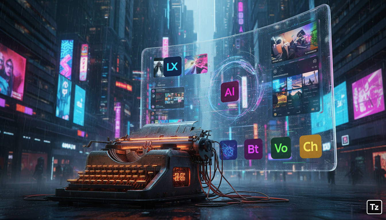 Priorização de features em Automação Instagram 2026 — Uma representação visual da evolução da automação no Instagram. Em primeiro plano, uma máquina de escrever vintage, representando a automação bási