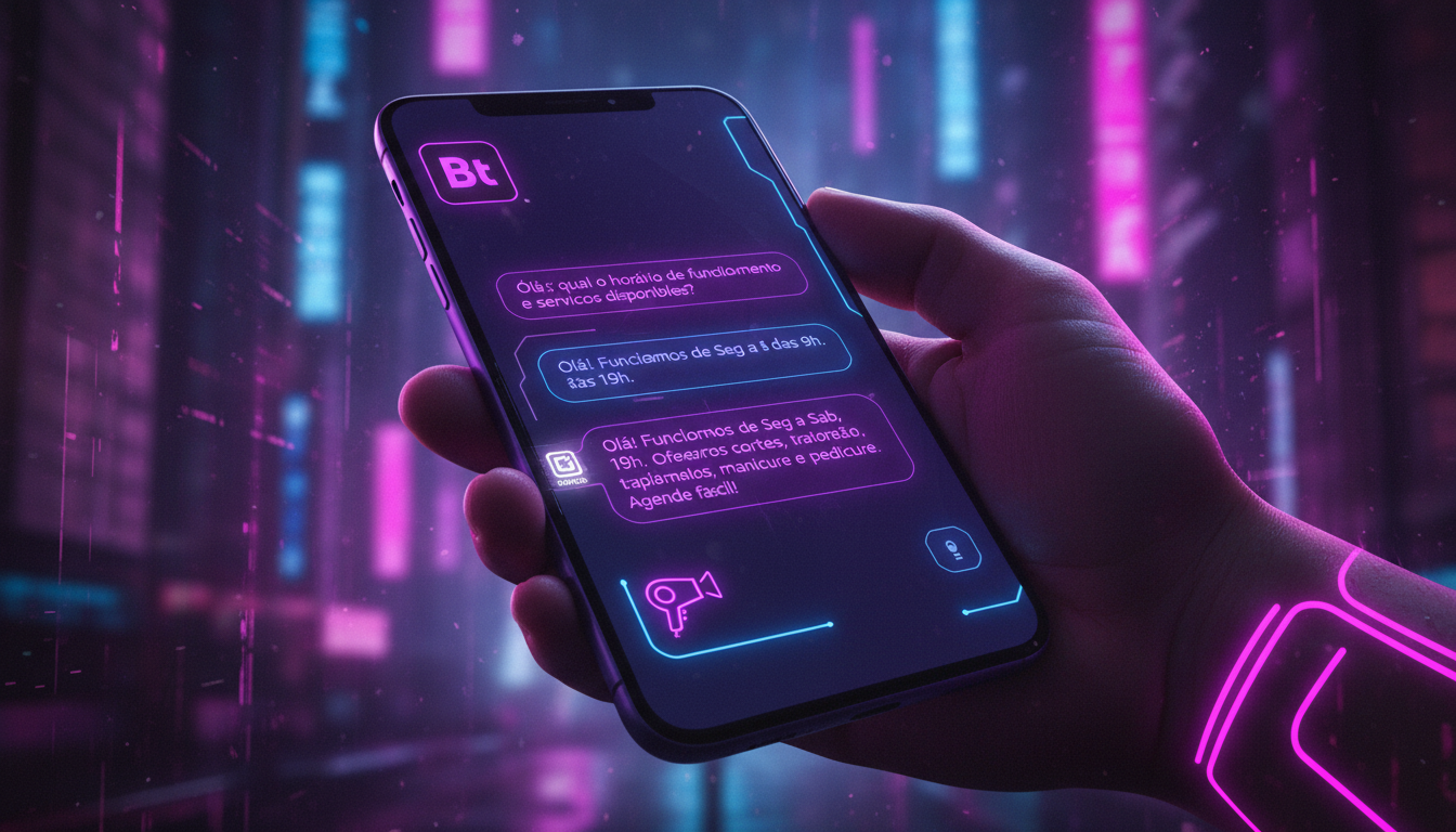 Priorização de features em IA para Instagram: 2026 — Close-up de uma tela de smartphone mostrando um chatbot no-code da Toolzz Bots em ação, respondendo a perguntas frequentes de clientes sobre horári