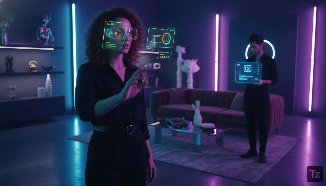 Priorização de features em Instagram Commerce IA — Uma arquiteta usando óculos de realidade aumentada em um showroom de design de interiores. A lente dos óculos exibe informações sobre os móveis, incl