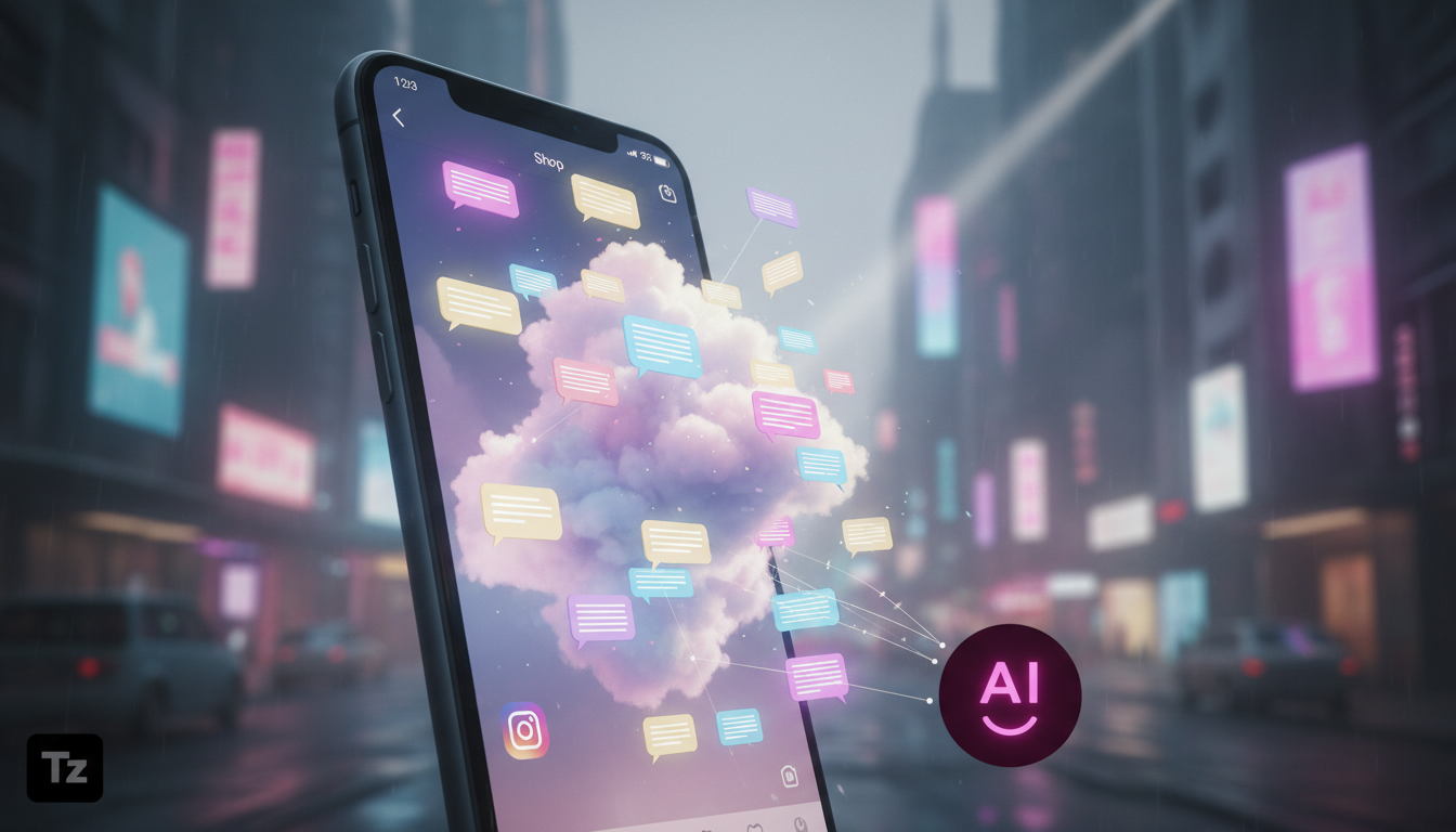 Priorização de features em Vendas Instagram 2026 — Close-up de um smartphone exibindo a interface do Instagram. Vários balões de mensagens de diferentes clientes preenchem a tela, enquanto um pequeno 