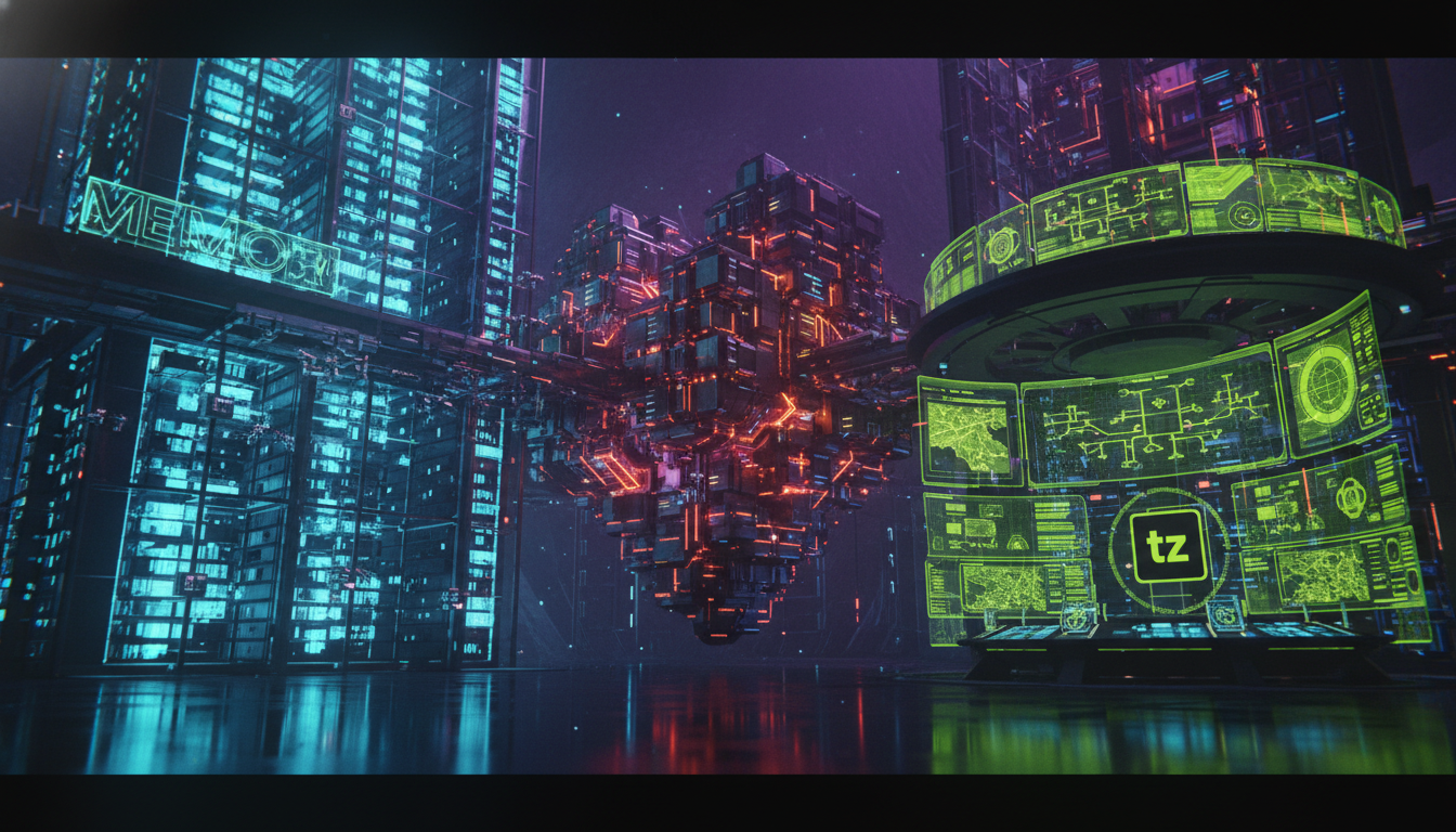 Prism MCP: A Arquitetura para Agentes de IA de Próxima Geração — Um diagrama visual estilizado representando o Mind Palace (MCP). A Memória é visualizada como uma biblioteca futurista com estantes inf