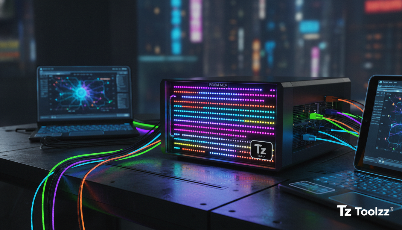 Prism MCP: Crie Agentes de IA com Memória Persistente — Um close-up de um servidor local com vários LEDs piscando, representando o Prism MCP. Cabos coloridos saem do servidor, conectando-se a vários d