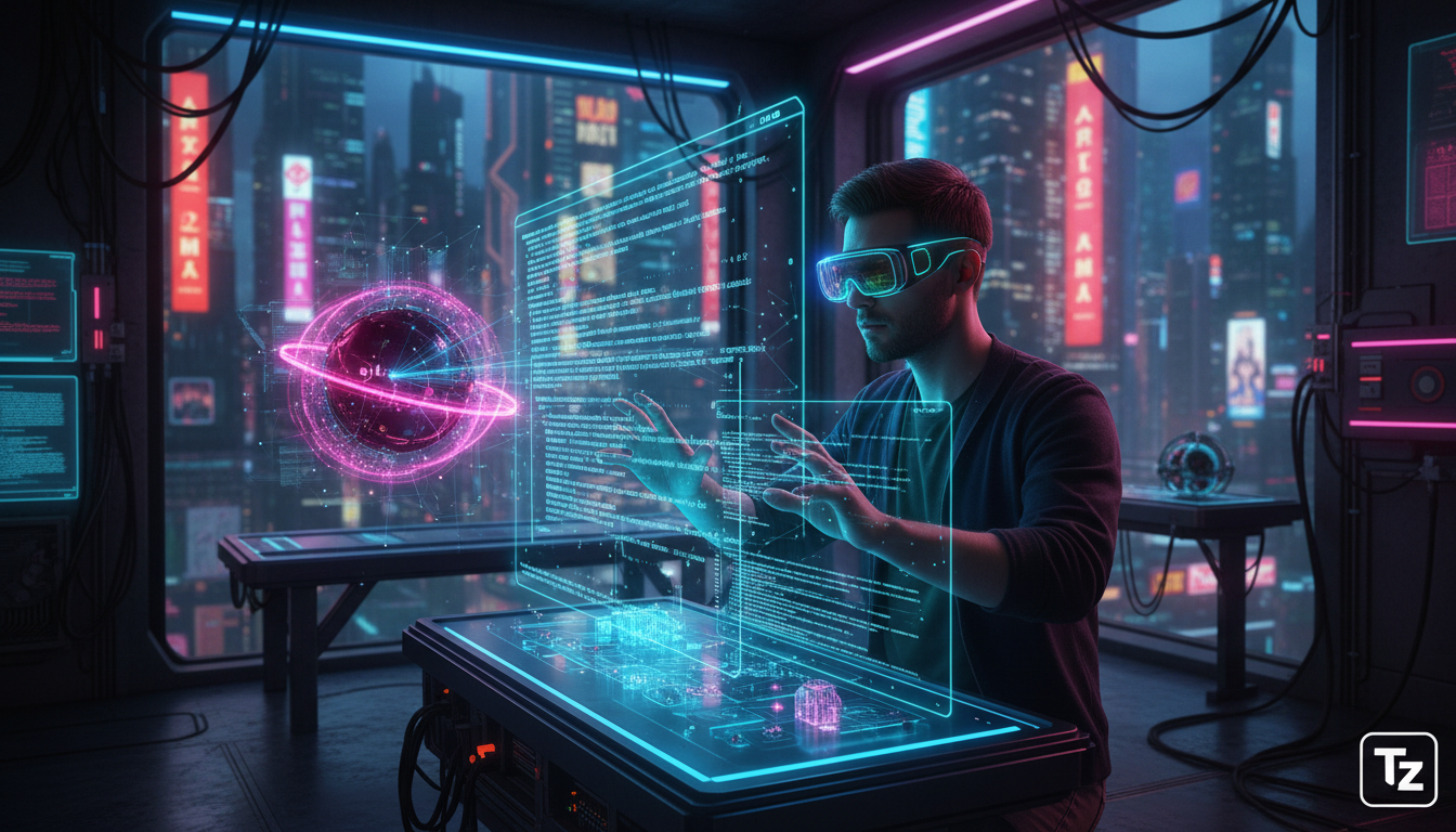 Programação com IA: A Nova Colaboração Entre Humanos e Máquinas — Create a high-end editorial illustration in a modern flat + gradient vector style.  STYLE: Clean, geometric, semi-abstract human figur