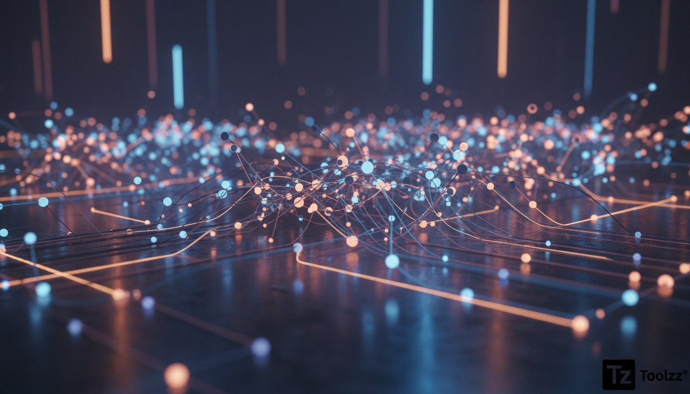 Programando Redes Neurais: A Revolução da Energy Language — Close-up de um diagrama estilizado de uma rede neural, onde cada nó é representado por uma pequena esfera luminosa. As conexões entre os nós