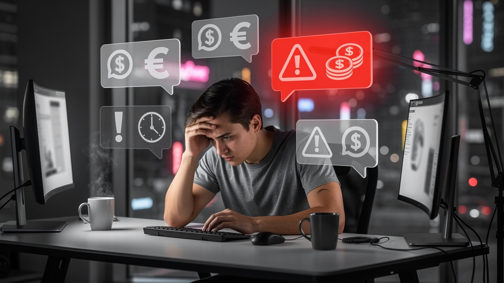 ProposalLock: Atendimento Omnichannel e IA para Freelancers Receberem — Um freelancer, com expressão de preocupação, cercado por balões de fala com cifrões e mensagens de cobrança. A imagem é em tons 