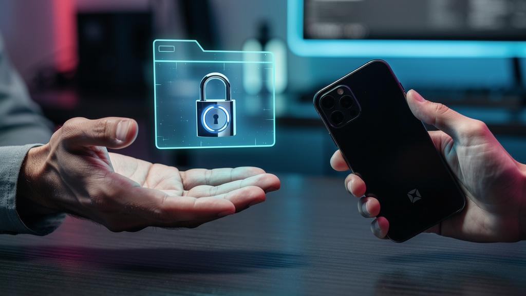 Proposallock: Garanta o Pagamento Antes de Entregar seus Arquivos — Close-up de mãos trocando um arquivo digital (ícone de arquivo) sobre uma mesa, com uma fechadura digital flutuando entre elas. Uma 