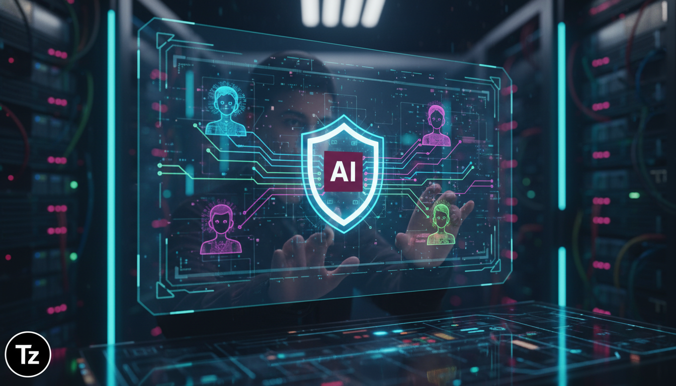 Protegendo Agentes de IA: Uma Análise do Ait Agent Guard — Um painel de controle holográfico exibindo o fluxo de dados de vários agentes de IA representados por avatares estilizados. Um ícone de escud