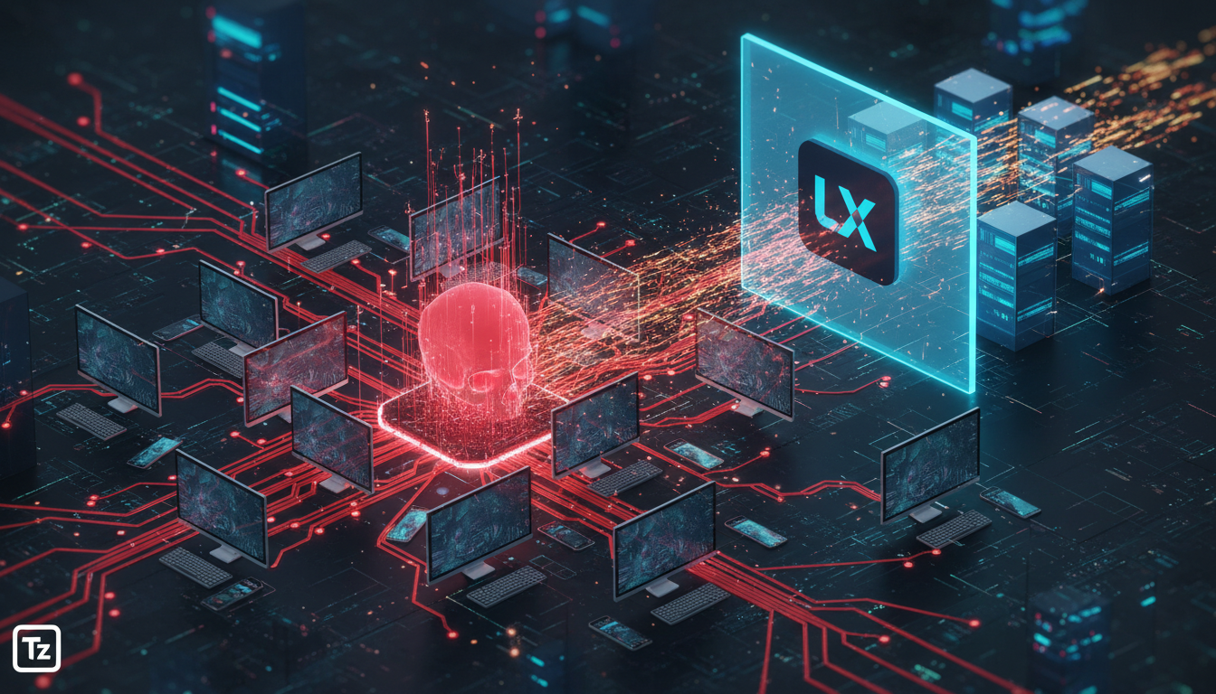 Protegendo seu Negócio Contra Ataques DDoS — Visualização isométrica de uma botnet, com diversos dispositivos (computadores, smartphones, smart TVs) conectados por linhas vermelhas a um servidor centr