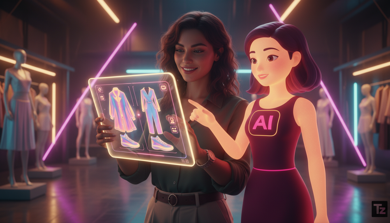 Próxima geração de Agendamento: o que esperar para 2026 — Um assistente virtual com a logo da Toolzz, em formato de avatar estilizado, ajudando uma cliente a escolher um look em uma loja de roupas vir