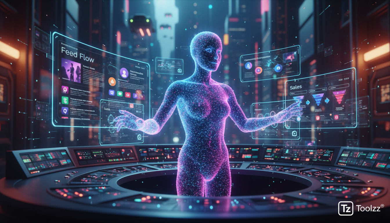 Próxima geração de Agentes IA: o que esperar em 2026 — Um agente de IA personificado como um assistente virtual amigável, supervisionando um painel de controle complexo com métricas de redes sociais e