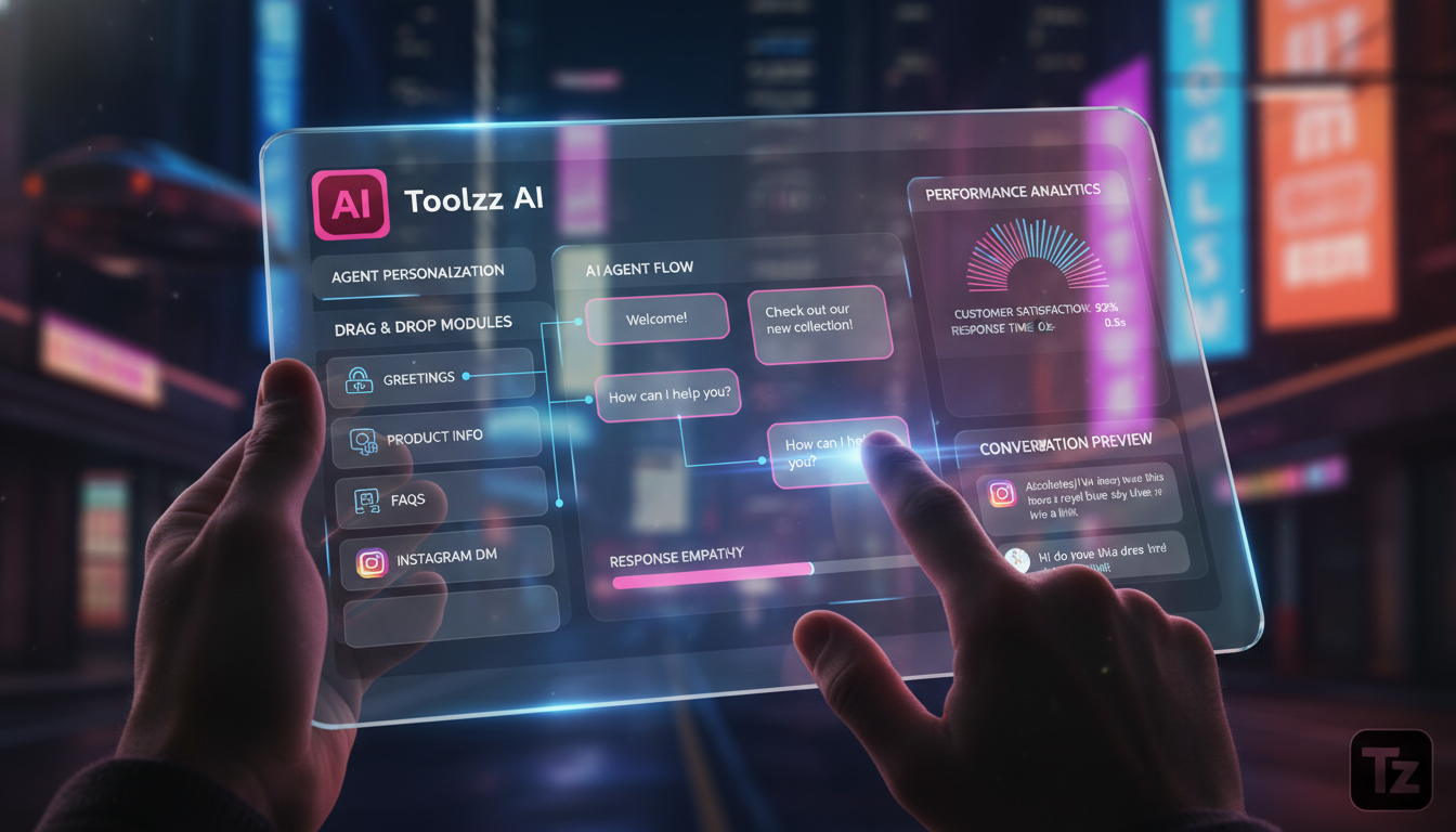 Próxima geração de Atendimento: o que esperar em 2026 — Um close-up de um tablet mostrando a interface da Toolzz AI, onde um usuário está personalizando as respostas de um agente de IA para o Instagra