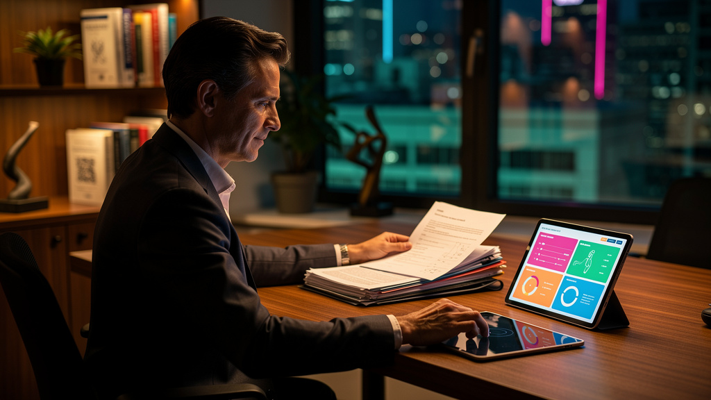 Próxima geração de Educação Corporativa: o que esperar — Um psicólogo em seu consultório, equilibrando a análise de prontuários com um tablet exibindo a interface da Toolzz LXP. A expressão do psicólo