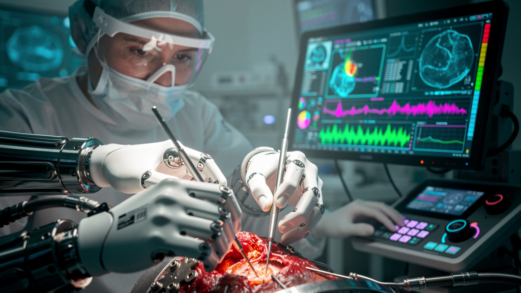 Próxima geração de Fluxos Human Approval em IA: o que esperar — Close-up das mãos de um cirurgião robótico realizando uma operação delicada. Em um monitor secundário, um especialista humano analisa os