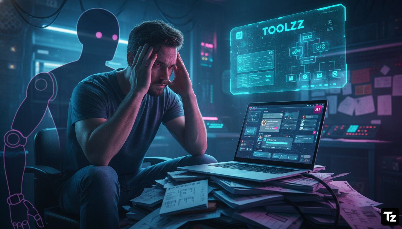 Próxima geração de IA: o que esperar — Um personal trainer exausto, sentado em uma pilha de papéis e planilhas, com um laptop mostrando várias abas de redes sociais. Uma sombra em forma de robô paira 