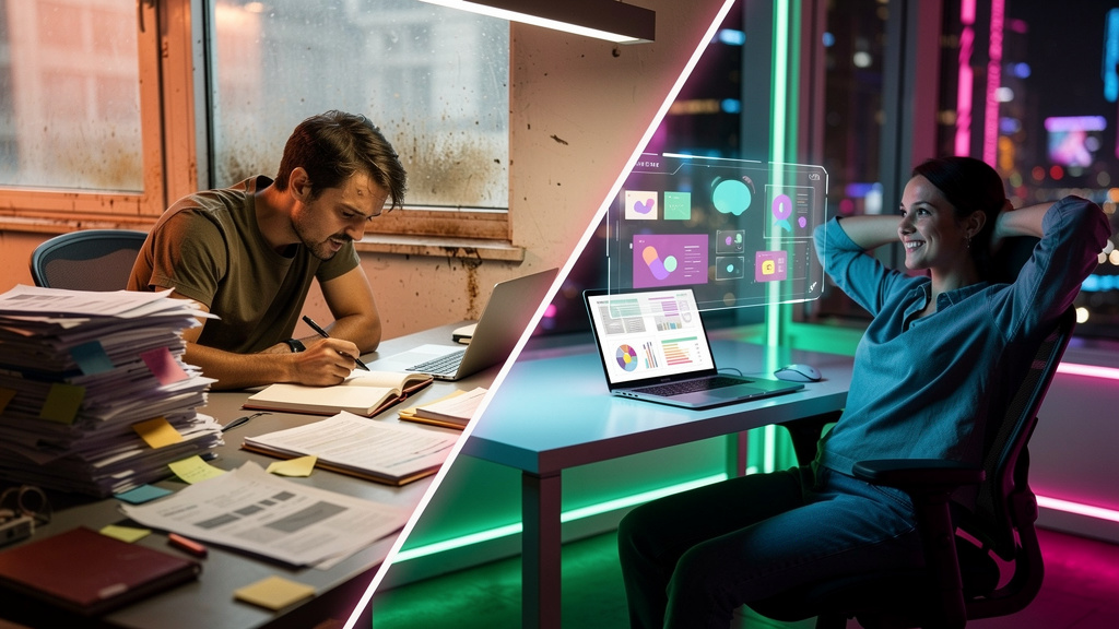 Próxima geração de IA para blogs: o que esperar — Uma tela dividida ao meio: à esquerda, uma pessoa sobrecarregada, cercada por pilhas de papéis e planilhas, tentando desesperadamente escrever um post