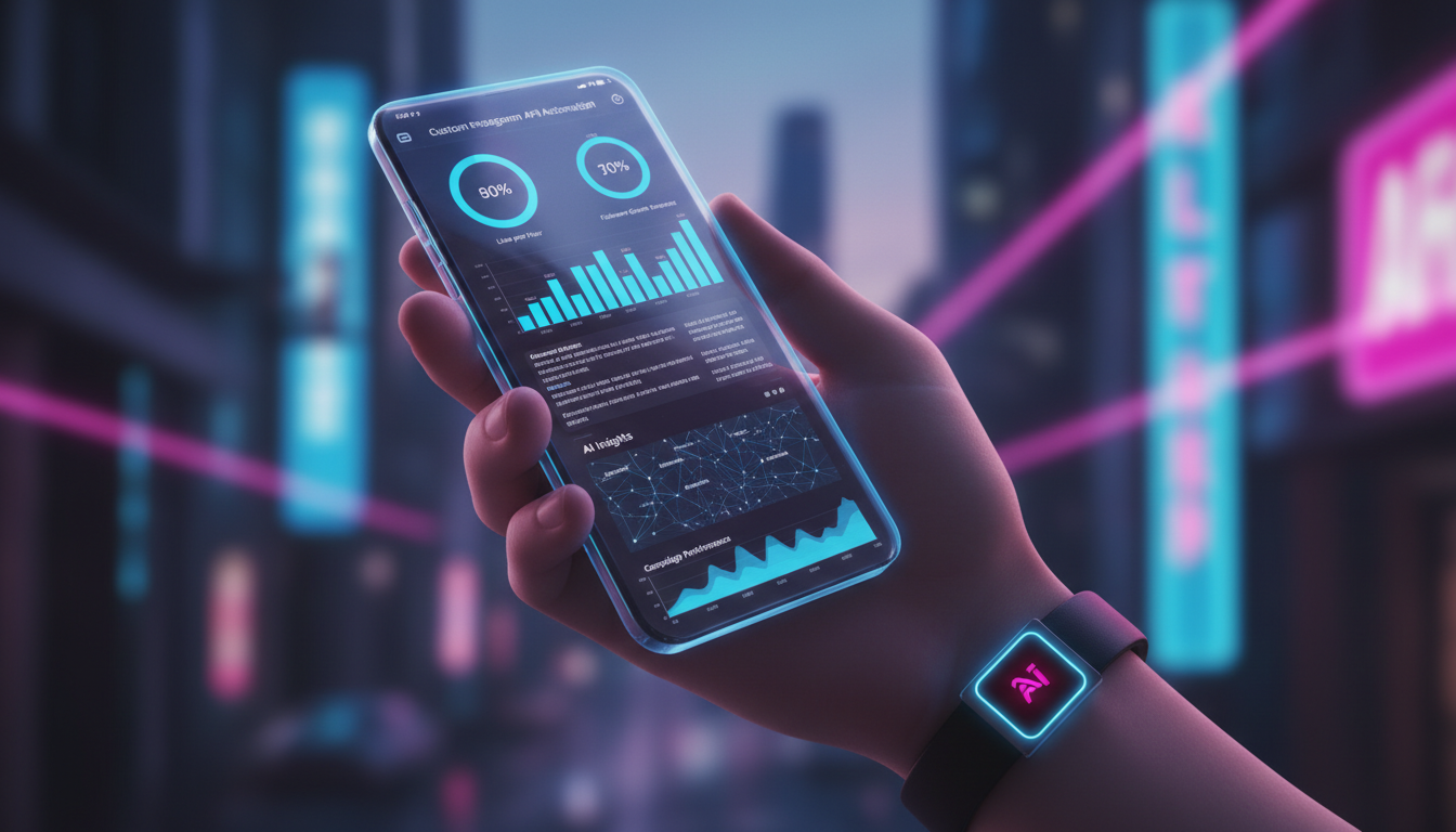 Próxima geração de Instagram API: o que esperar — Close-up de um smartphone exibindo uma interface de automação do Instagram API, mostrando métricas de engajamento personalizadas e insights de IA. Uma