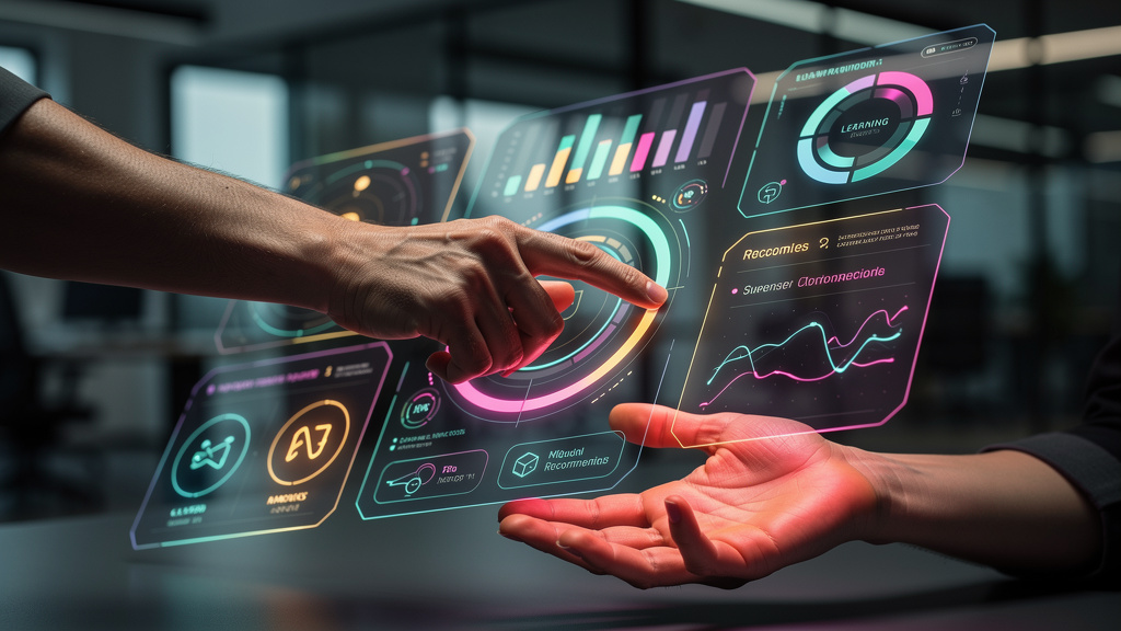 Próxima geração de LXP: o que esperar em 2026 — Um close-up das mãos de um colaborador interagindo com uma interface holográfica complexa, que apresenta dados de aprendizado personalizados. A interfac