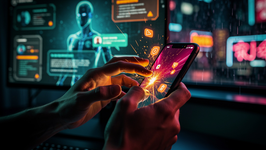 Próxima geração de Transferência IA para Humano: o que esperar — Um close-up das mãos de um cliente digitando furiosamente em um smartphone, com balões de fala mostrando emojis de raiva e frustração. 