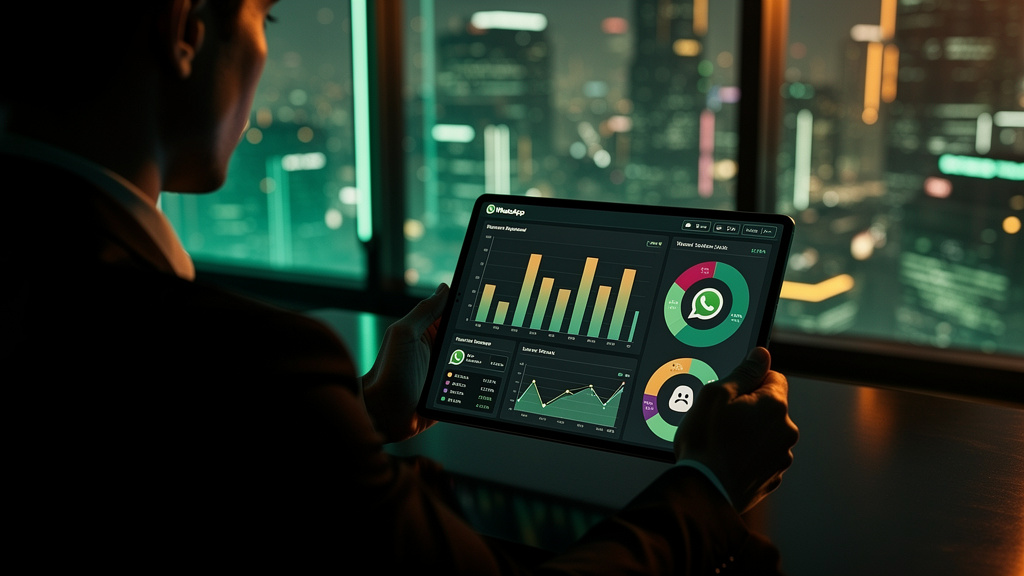 Puxador de Dados WhatsApp: Extraia Inteligência para seu Negócio — Visualização de um painel de controle de análise de dados do WhatsApp em um tablet. O painel exibe gráficos de barras e de pizza most