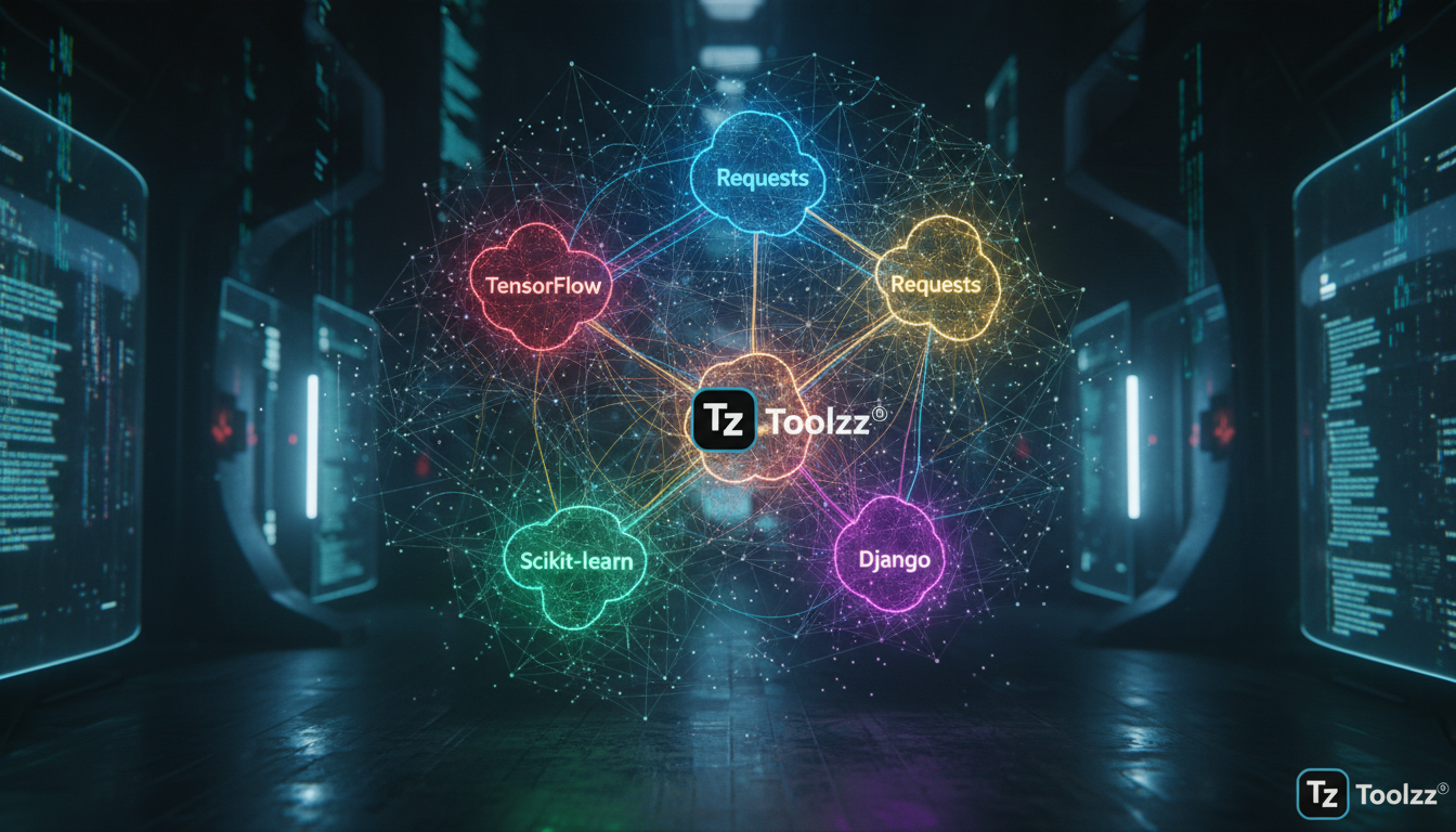 PyPI Stats: Tendências e Insights do Ecossistema Python — Um diagrama de rede complexo e interconectado, representando o PyPI, com cada nó sendo um pacote Python. Os pacotes mais populares (TensorFlow