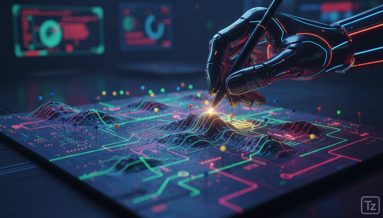 Qriton HLM: Programando Redes Neurais Através de Paisagens de Energia — Um close-up de uma mão manipulando pequenos pinos coloridos em uma placa de circuito complexa que se assemelha a um mapa topográ