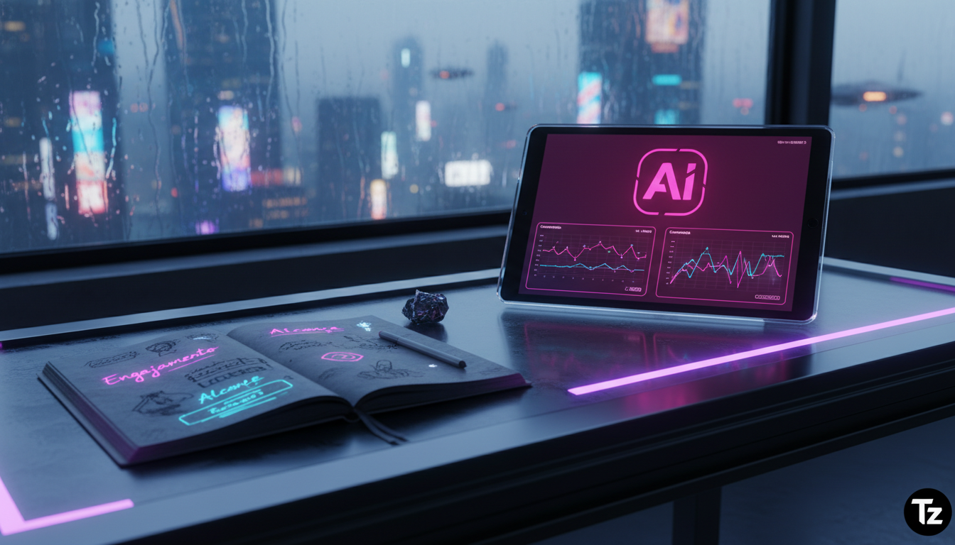 Qual a diferença entre Agente AI e Marketing no Instagram? — Visão aérea de uma mesa de escritório moderna e minimalista. De um lado, um bloco de notas com anotações rabiscadas sobre 'Engajamento' e '