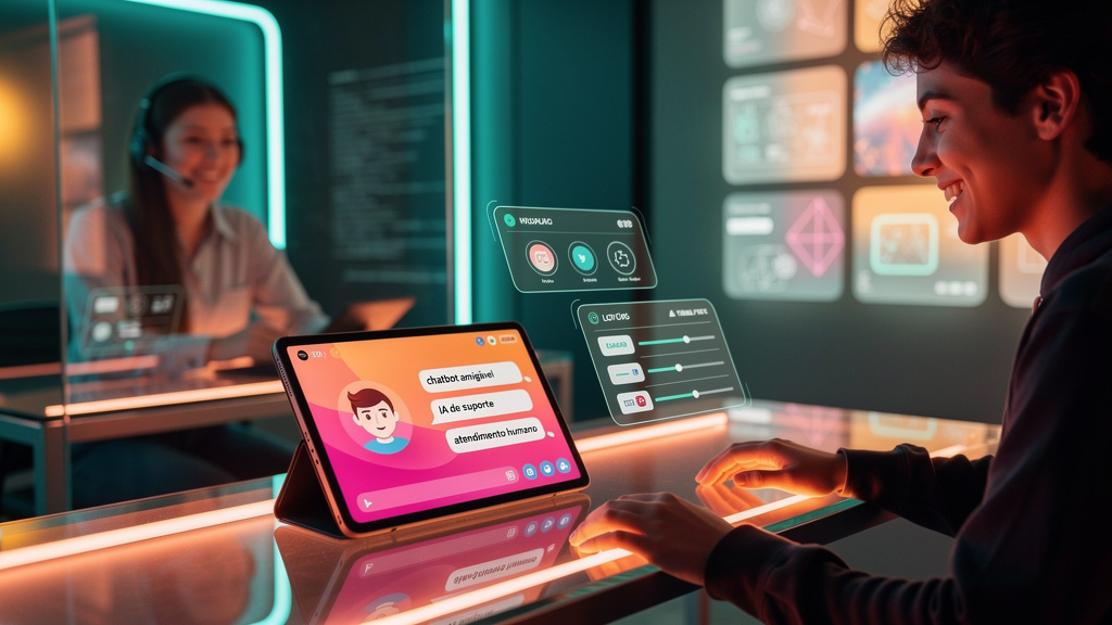Qual a diferença entre Chatbot, IA e Atendimento Humano? — Um chatbot estilizado como um assistente virtual amigável, interagindo em uma tela de tablet com um cliente sorrindo. Ao fundo, uma interface