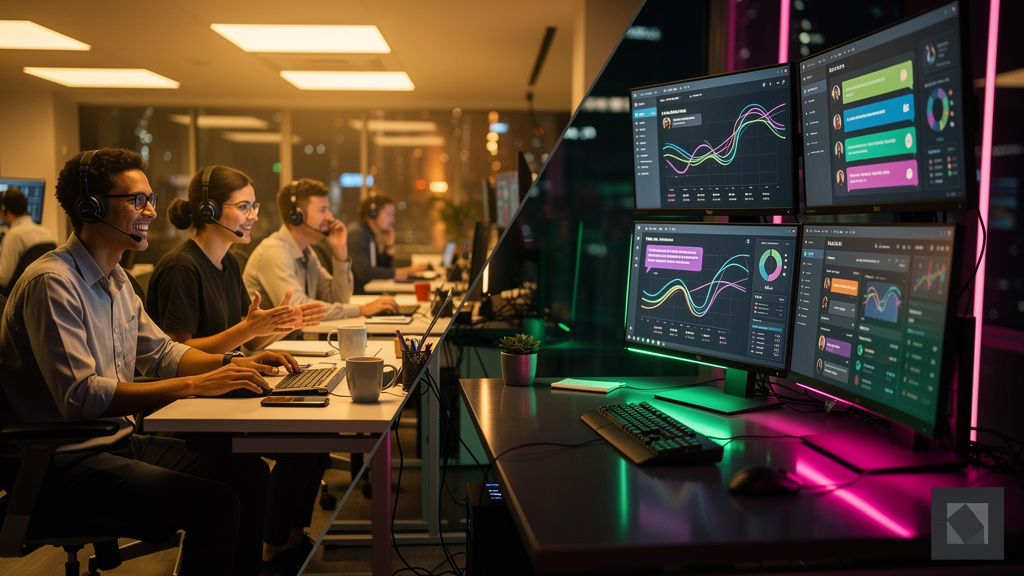 Qual a diferença entre Equipes Híbridas de IA e Humanos em 2026? — Um call center movimentado, visto de um ângulo ligeiramente acima. À esquerda, agentes humanos atendem chamadas com headsets, gesticu