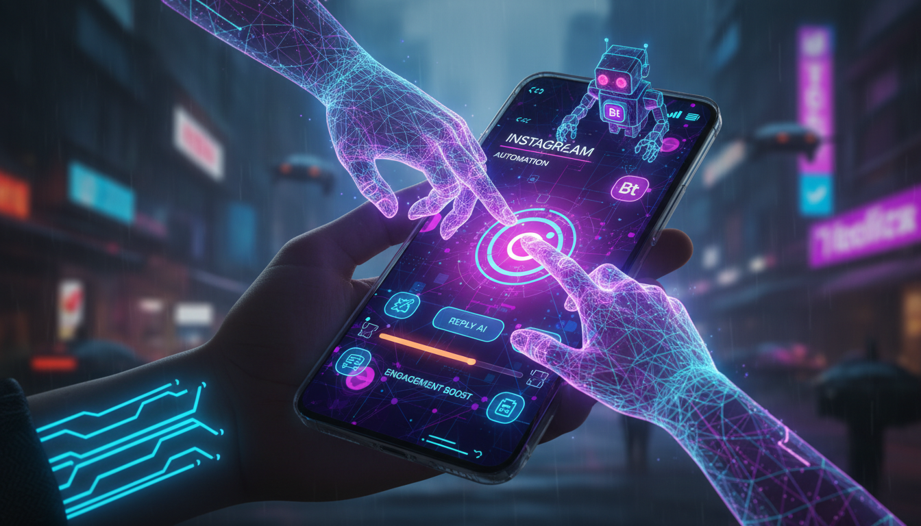 Qual a diferença entre IA para Instagram e Automação em 2026? — Close-up de um painel de controle de automação do Instagram em um smartphone. Mãos digitais flutuam sobre a tela, interagindo com botões