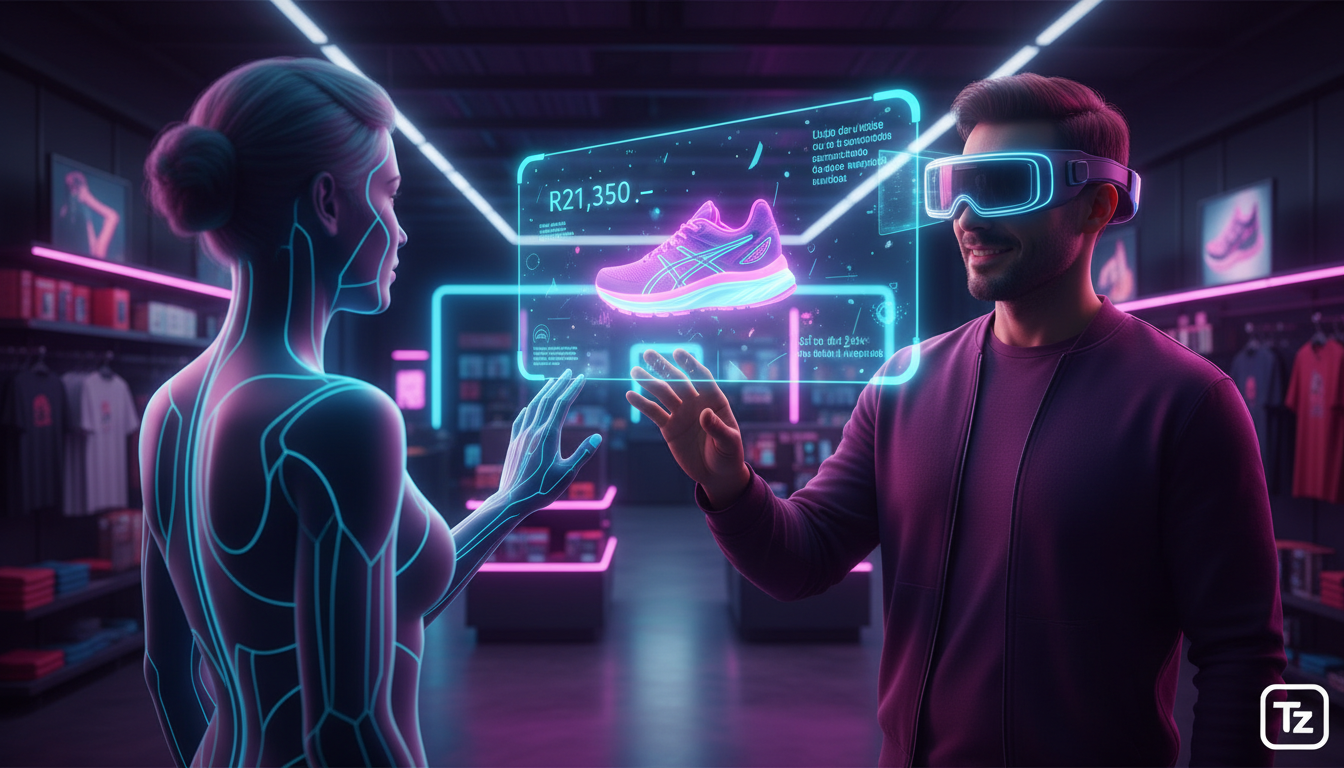 Qual a diferença entre Instagram Commerce e IA no Instagram em 2026? — Um vendedor usando óculos de realidade aumentada que sobrepõe informações detalhadas sobre um produto do Instagram Commerce em te