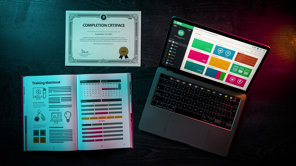 Qual a diferença entre LXP e LMS em 2026? — Fotografia em estilo flat lay, com elementos representando um LMS: um manual de treinamento aberto, um certificado de conclusão, um calendário com horários 