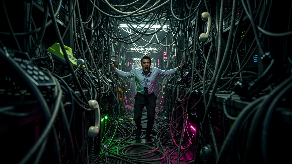 Qual a diferença entre Voice AI e IVR em 2026? — Um labirinto de cabos telefônicos emaranhados, simbolizando a complexidade e frustração dos sistemas IVR tradicionais. No centro do labirinto, uma figu