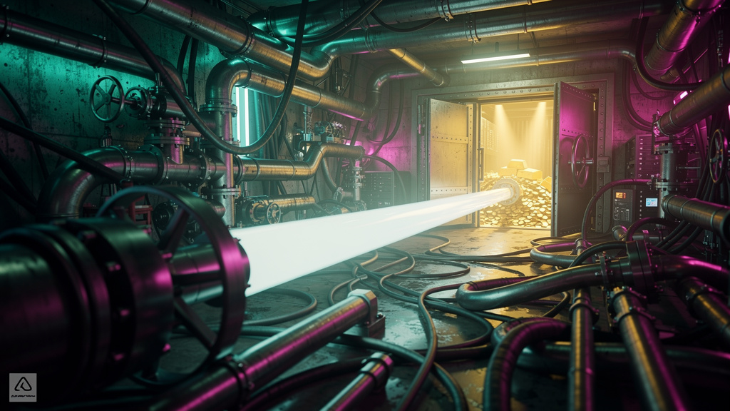 Quanto custa realmente implementar checkout integrado em 2026? — Um labirinto complexo de tubulações interconectadas representando sistemas de pagamento desconectados. No centro do labirinto, uma únic