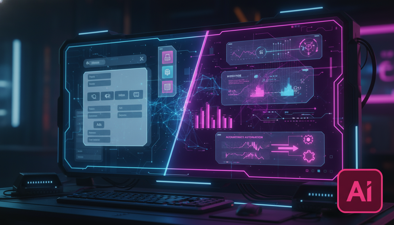 Quanto custa realmente implementar IA Meta em 2024? — Ilustração digital mostrando a evolução da Meta Business Suite. À esquerda, uma versão antiga e simplificada. À direita, uma versão futurista e co