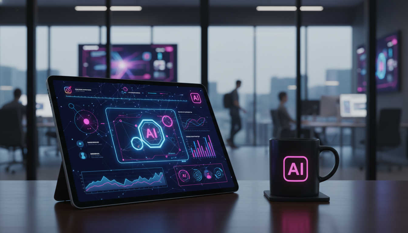 Quanto custa realmente implementar IA para Instagram Business? — Uma mesa de escritório moderna e minimalista. Em primeiro plano, um tablet exibe um painel de controle da Toolzz AI com gráficos de des