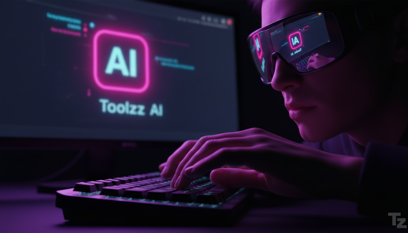 Quanto custa realmente implementar IA para redes sociais? — Close-up de mãos digitando rapidamente em um teclado, com o reflexo da tela de um chatbot de atendimento ao cliente nos óculos da pessoa. Ao