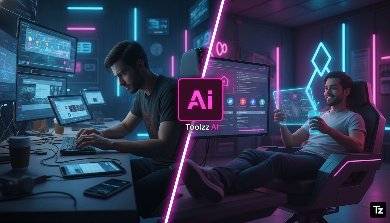 Quanto custa realmente implementar IA para redes sociais? — Uma tela dividida mostrando, de um lado, uma pessoa sobrecarregada tentando manualmente agendar posts em várias redes sociais. Do outro lado