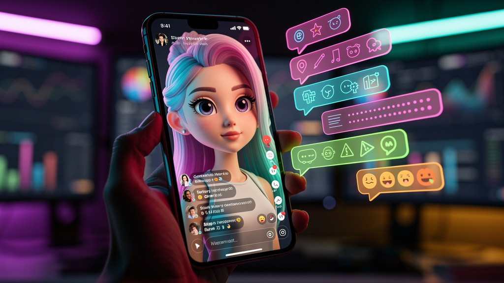 Quanto custa realmente implementar Influencer AI? — Um influenciador virtual com traços de desenho animado, interagindo em tempo real com comentários e mensagens em uma tela de smartphone. Balões de f