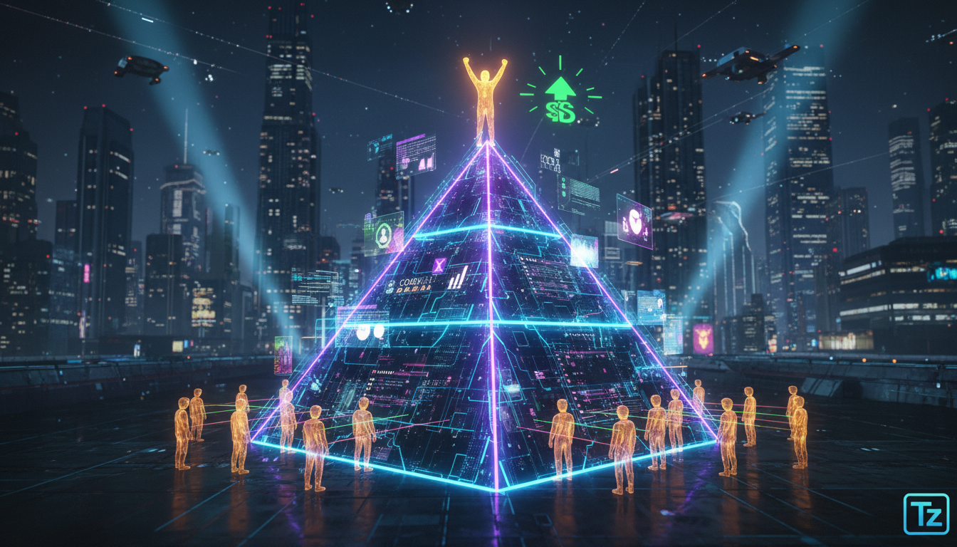 Quanto custa realmente implementar Upsell Automático em LXP? — Um close-up estilizado de um funil de vendas digital em forma de pirâmide, representando o upsell automático em LXP. Na base do funil, vá