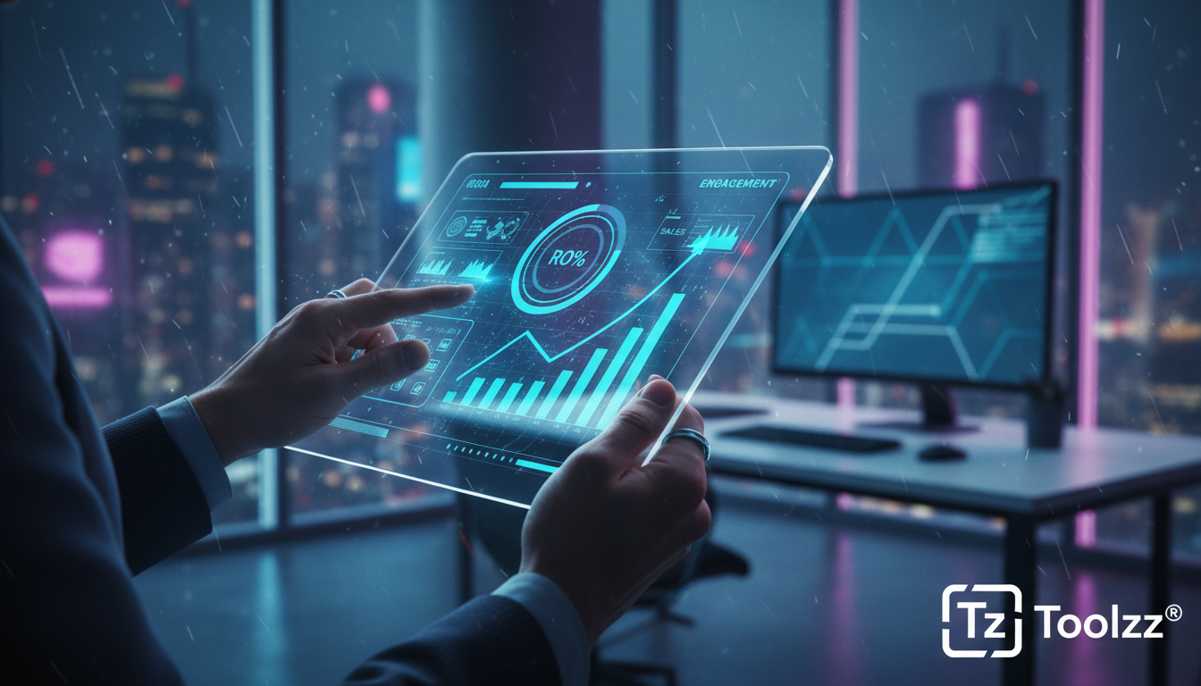 Quanto sua empresa economiza com Instagram em 2026 — Close-up das mãos de um especialista em marketing digital, usando um tablet para monitorar o desempenho de uma campanha de vendas no Instagram. O t