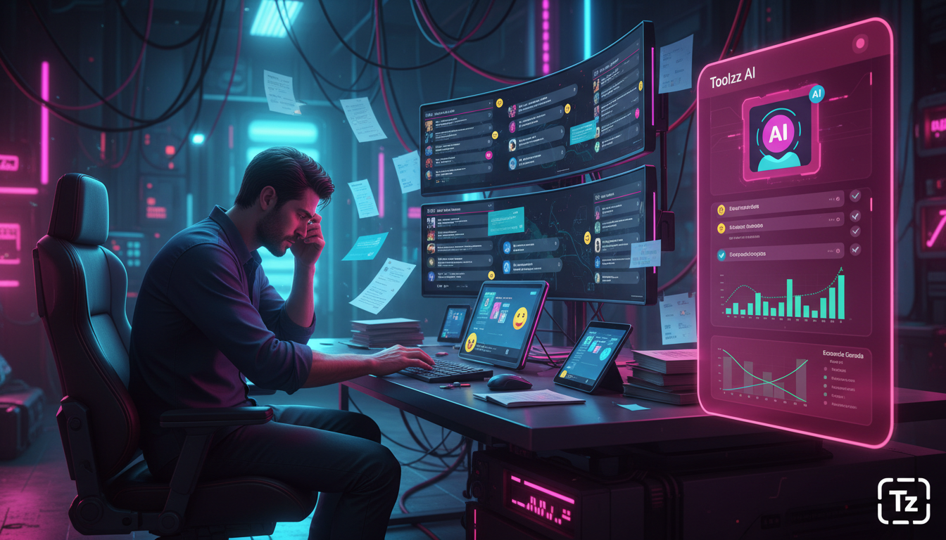 Quanto sua empresa economiza com Toolzz AI no Instagram 2026 — Um agente de suporte ao cliente, visivelmente sobrecarregado e cercado por pilhas de papéis e múltiplos monitores exibindo feeds do Insta