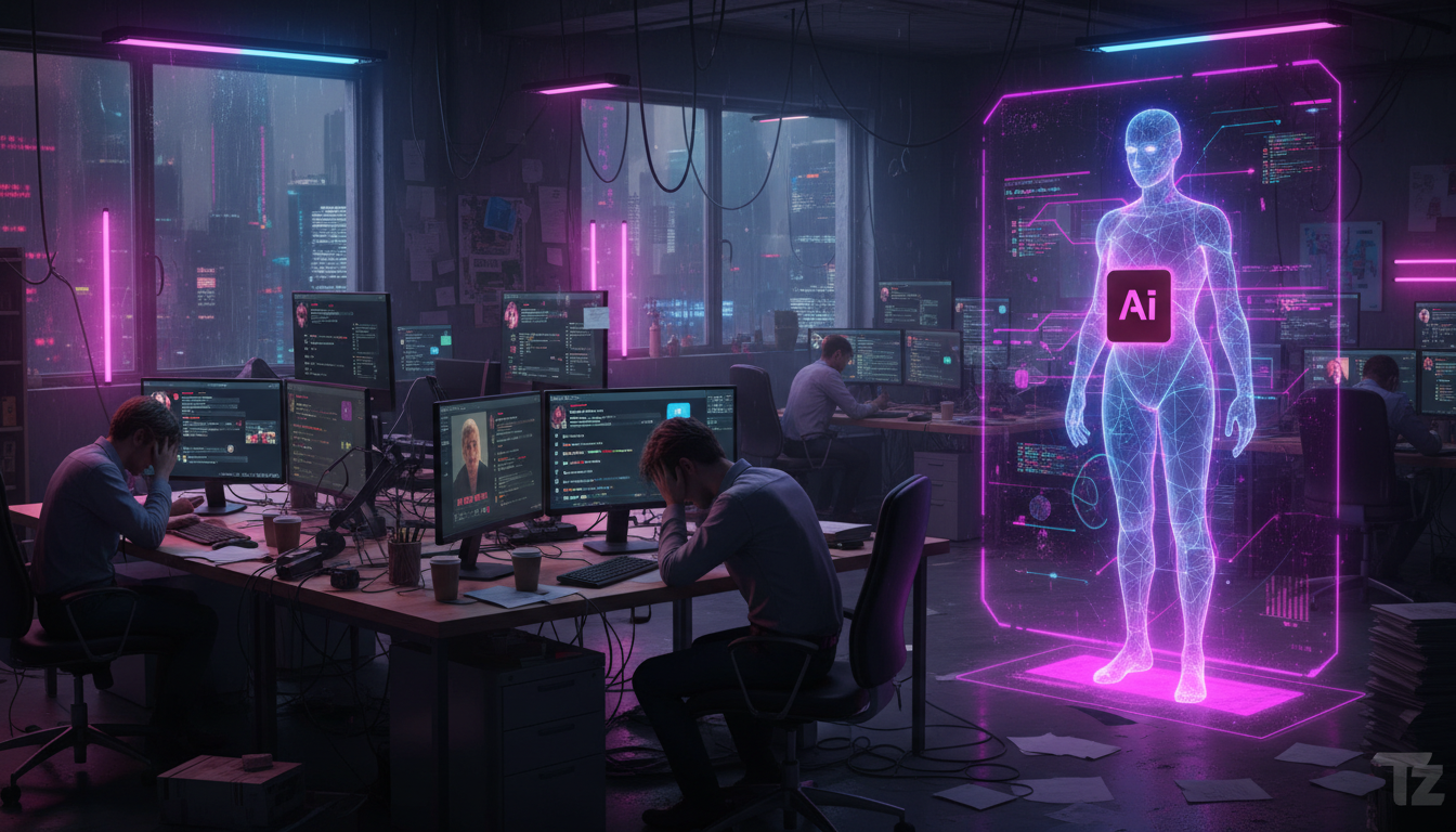 Quanto sua empresa economiza com Toolzz IA no Instagram? — Um cenário caótico em um escritório, com vários funcionários de vendas sobrecarregados, cercados por pilhas de papéis e vários monitores most